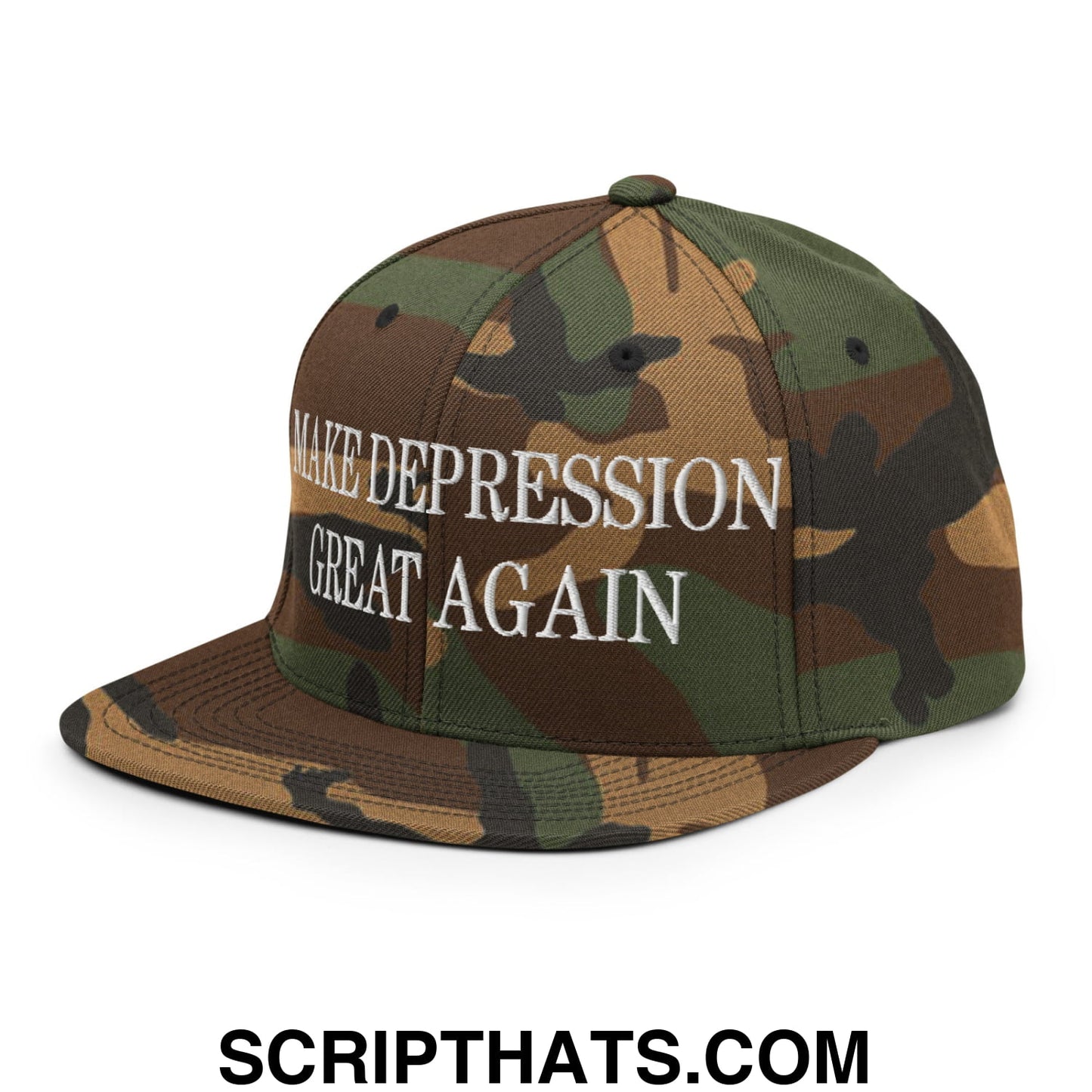 Make Depression Great Again Embroidered Flat Bill Brim Snapback Hat Green Camo