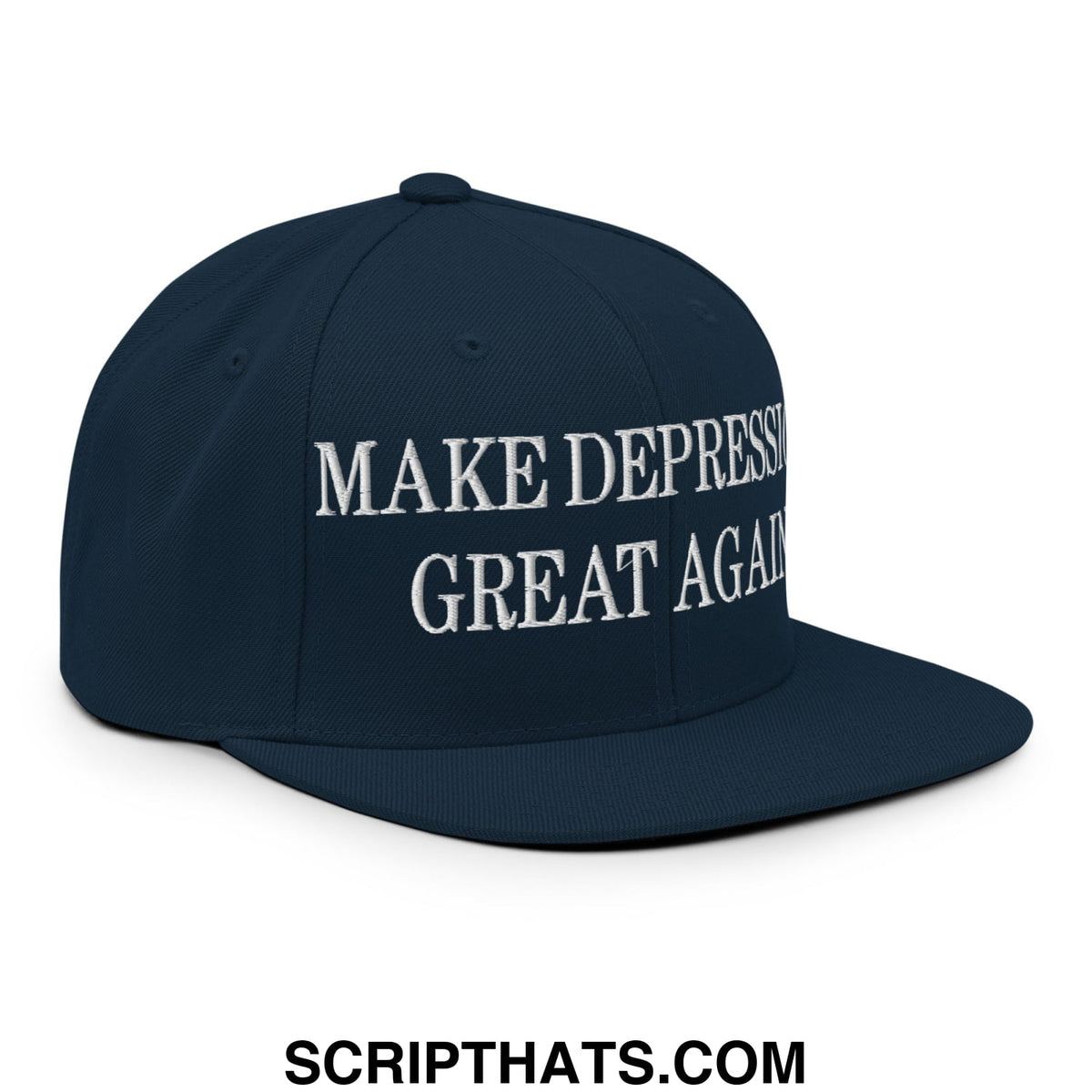 Navy blue snapback hat with white embroidered text make depression great again featuring flat bill brim design