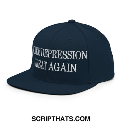 Dark navy blue snapback cap with white embroidered make depression great again text on the front panel