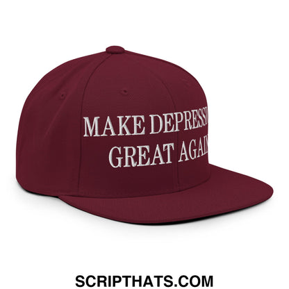 Maroon flat bill brim snapback hat with white embroidered text make depression great again for casual wear