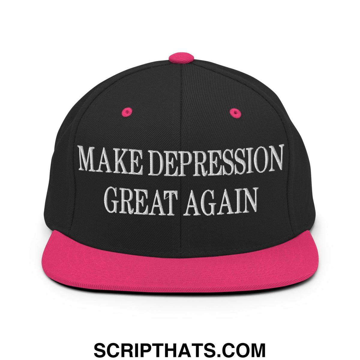 Black snapback cap with vibrant pink brim and button featuring white embroidered text make depression great again