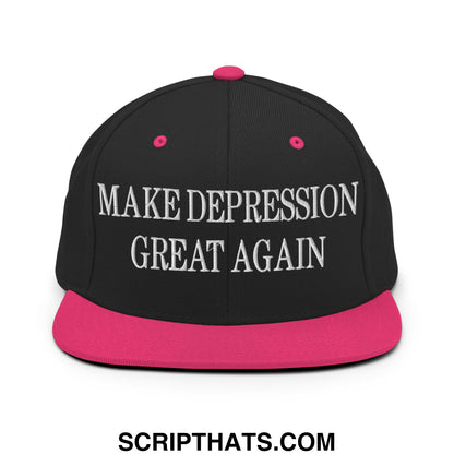 Black snapback cap with vibrant pink brim and button featuring white embroidered text make depression great again