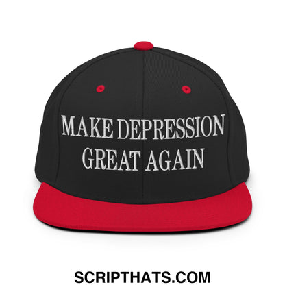 Black and red snapback hat with white embroidered text reading make depression great again flat bill brim design