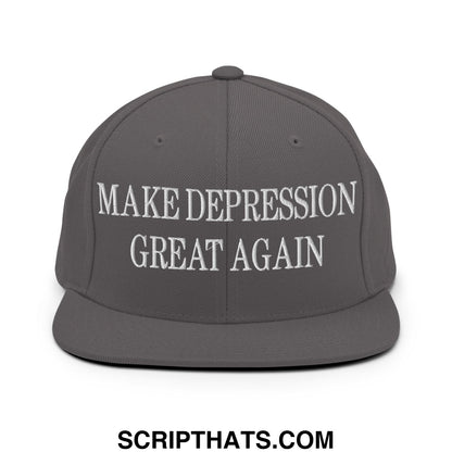 Gray snapback cap with white embroidered make depression great again text and flat bill brim design