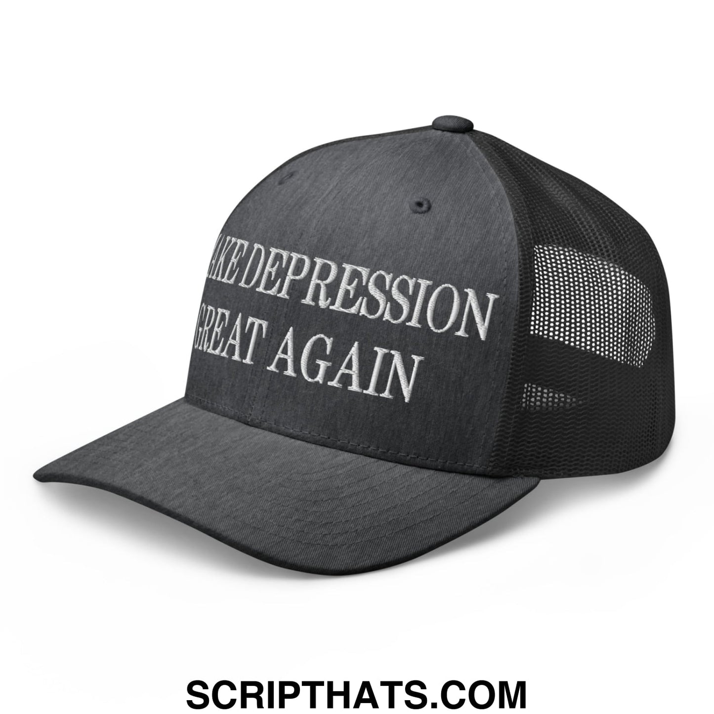 Make Depression Great Again Embroidered Mesh Trucker Hat Dark Heather Gray