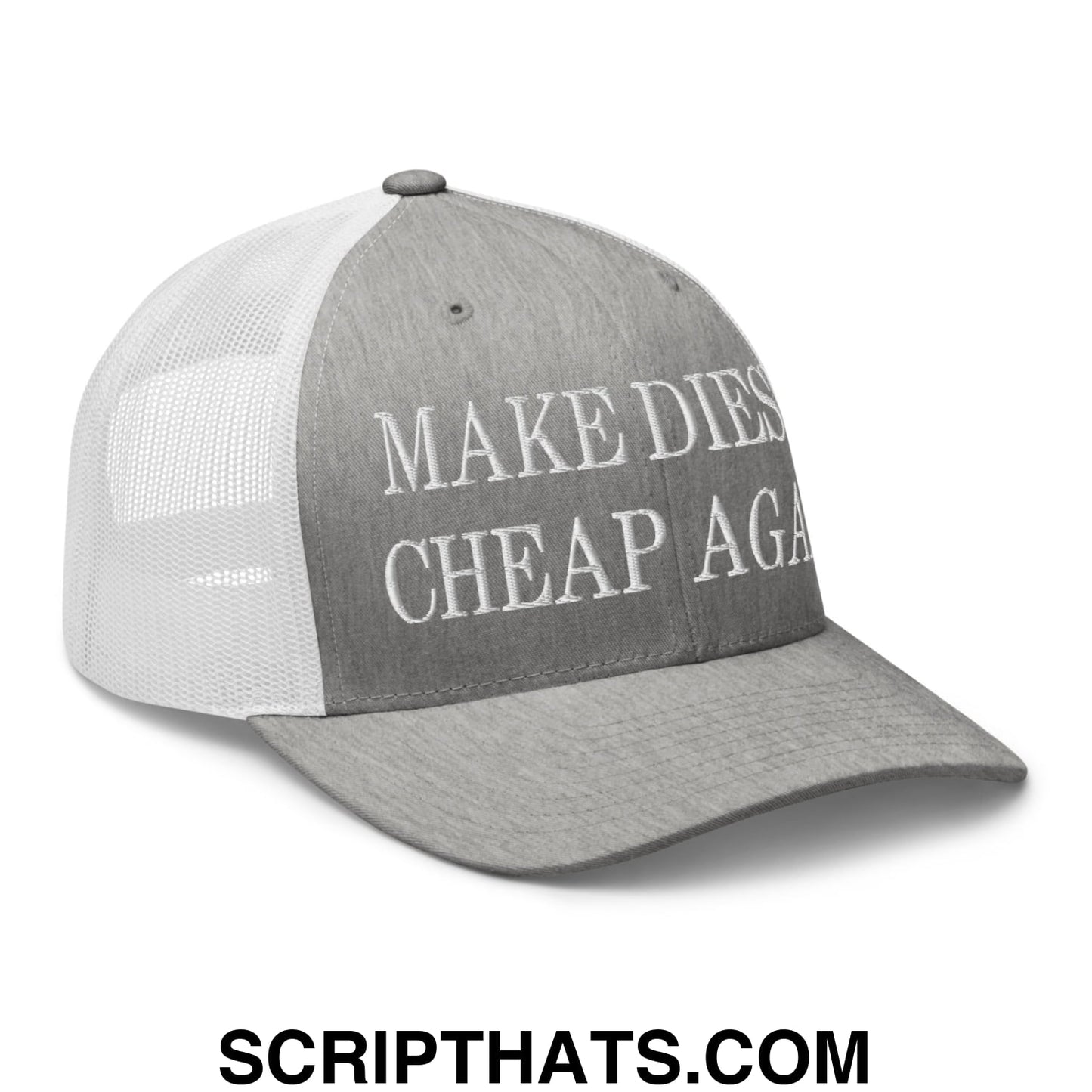 Make Diesel Cheap Again Embroidered Mesh Trucker Hat Heather Grey White