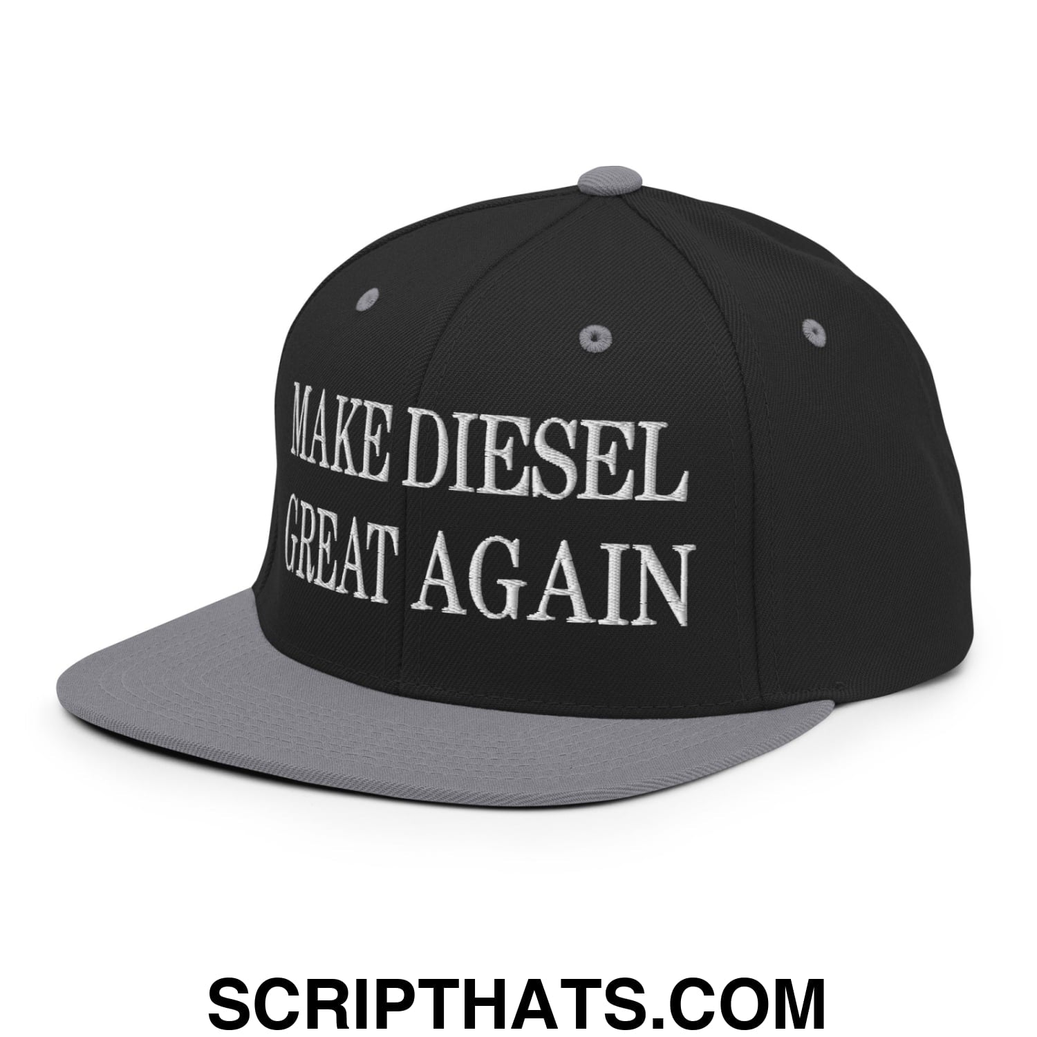 Black and gray snapback hat with white embroidered make diesel great again text and flat bill brim