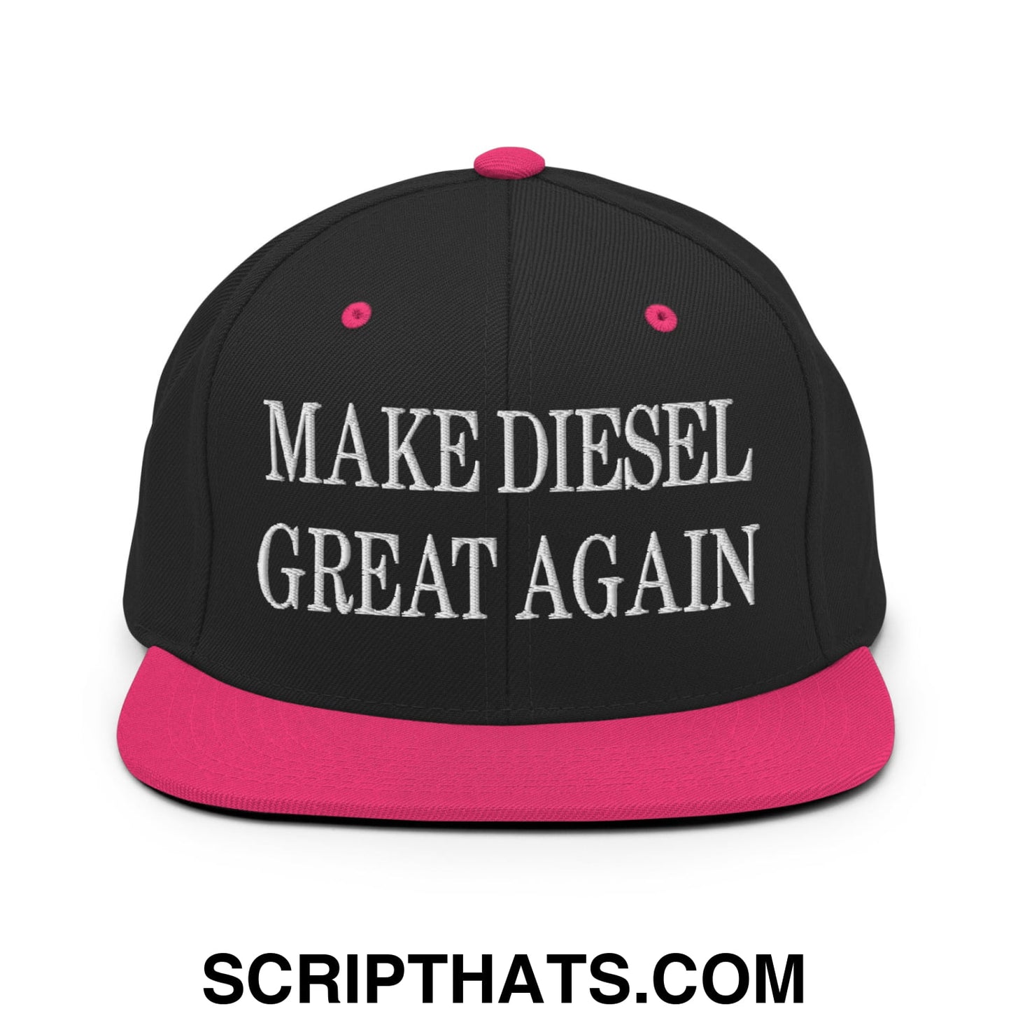 Black snapback cap with vibrant pink brim and button featuring white embroidered make diesel great again text