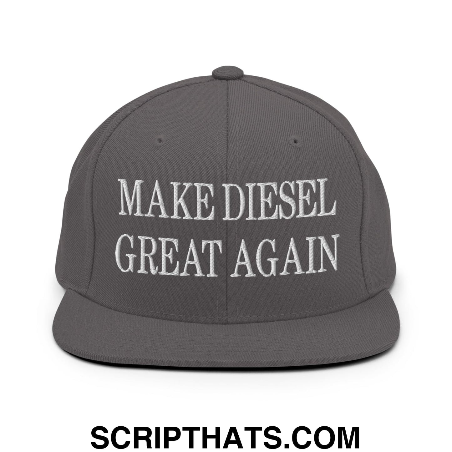Gray snapback hat with white embroidered make diesel great again text and flat bill brim design