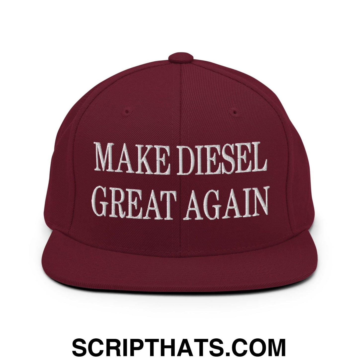 Maroon embroidered flat bill brim snapback hat with white text reading make diesel great again