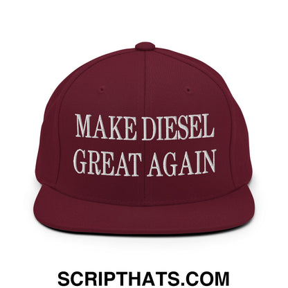 Maroon embroidered flat bill brim snapback hat with white text reading make diesel great again