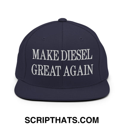 Navy blue snapback hat with white embroidered make diesel great again text and flat bill brim design