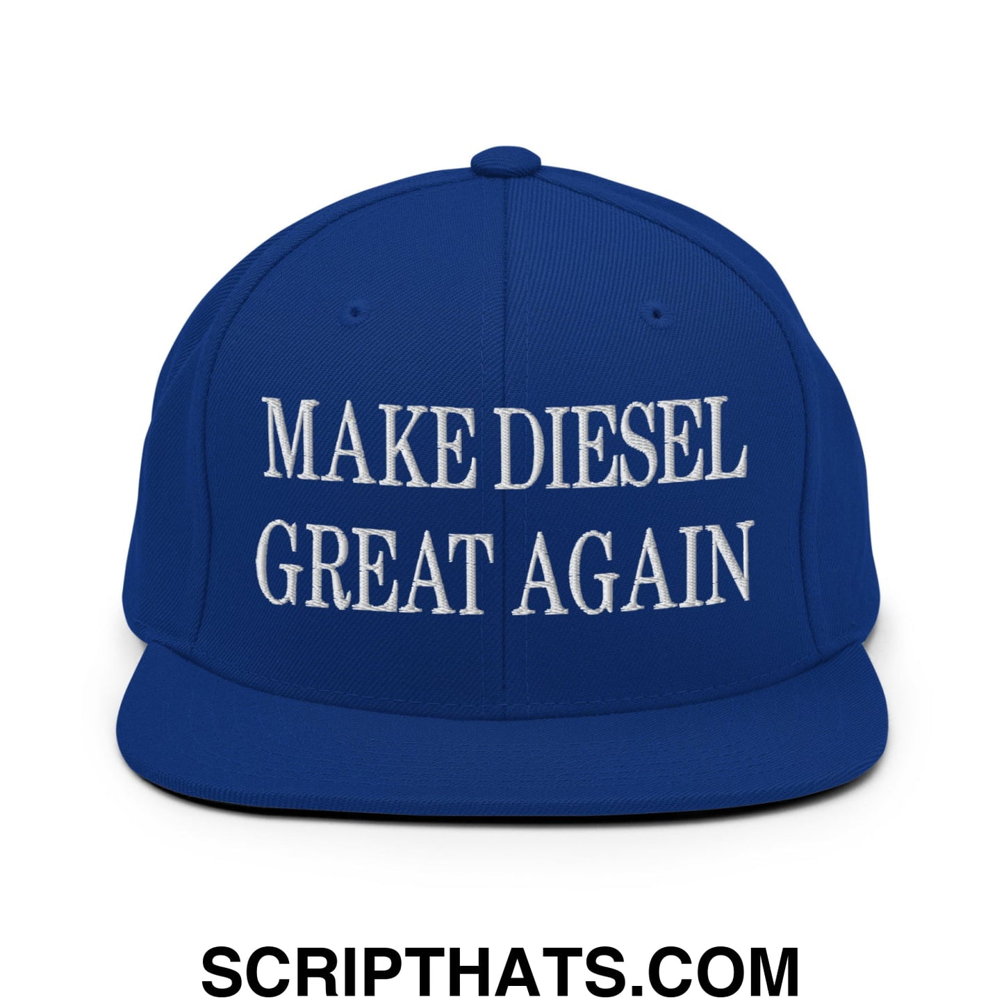Royal blue flat bill brim snapback hat with white embroidered text make diesel great again for casual wear