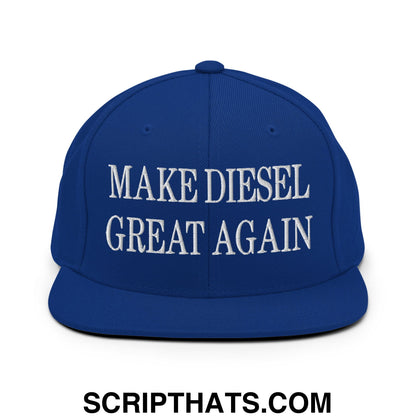 Royal blue flat bill brim snapback hat with white embroidered text make diesel great again for casual wear