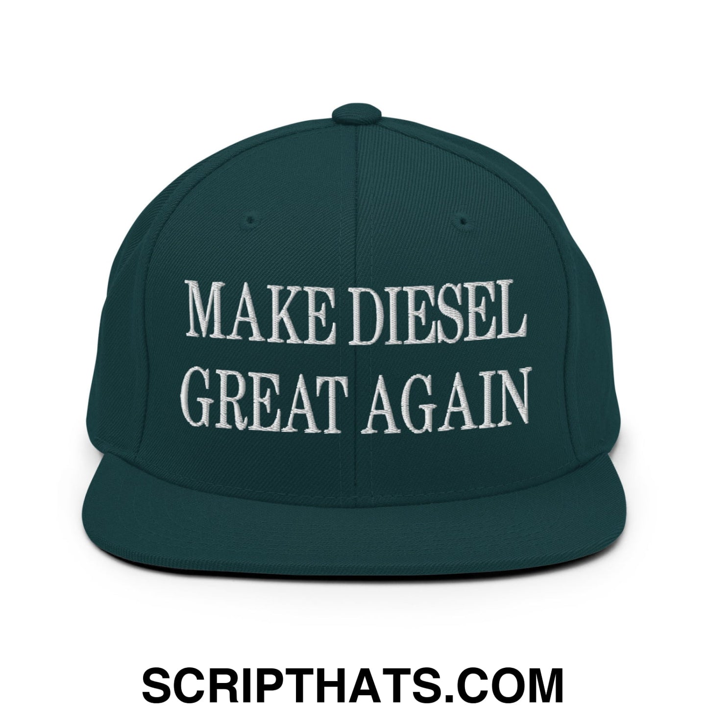 Dark green snapback cap with white embroidered make diesel great again text and flat bill brim design