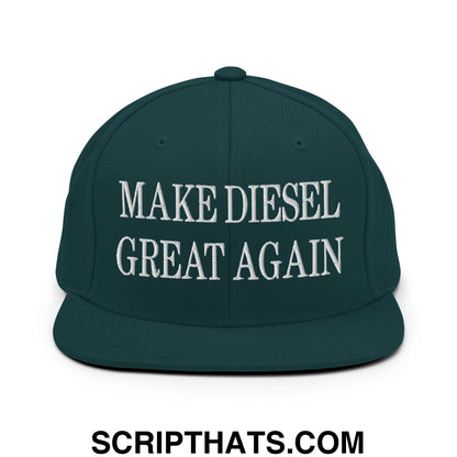 Dark green snapback cap with white embroidered make diesel great again text and flat bill brim design