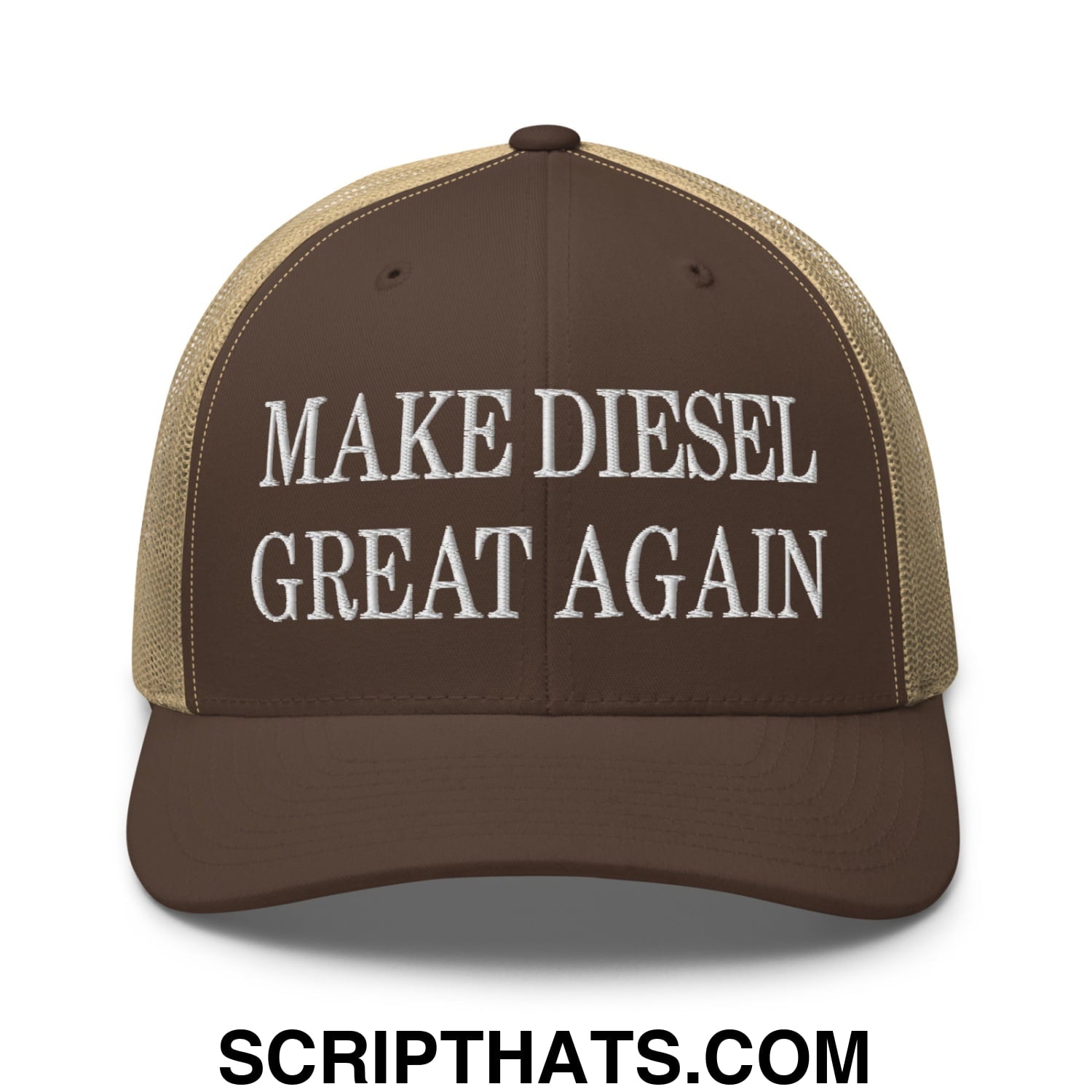 Brown and tan mesh trucker hat with white embroidered make diesel great again text and adjustable back closure