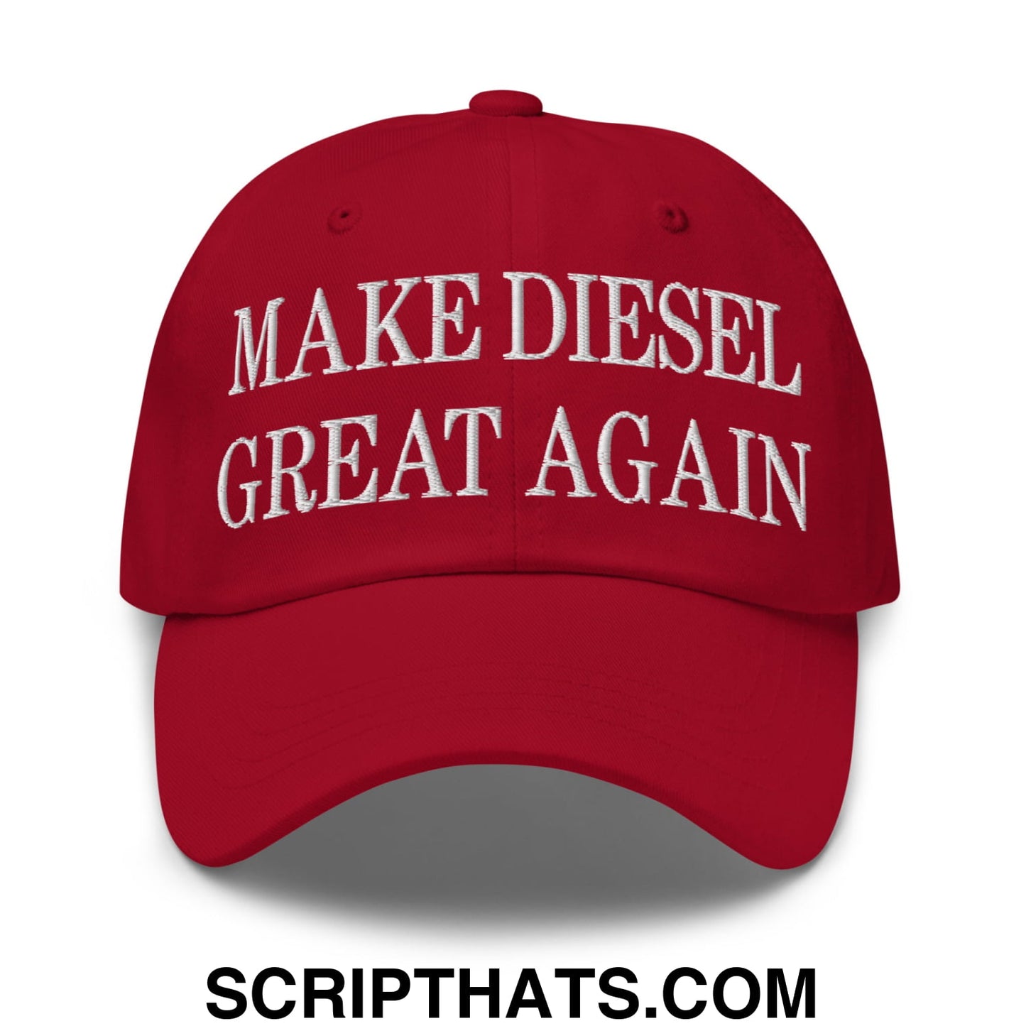 A red embroidered unstructured dad hat with white make diesel great again text designed for casual wear