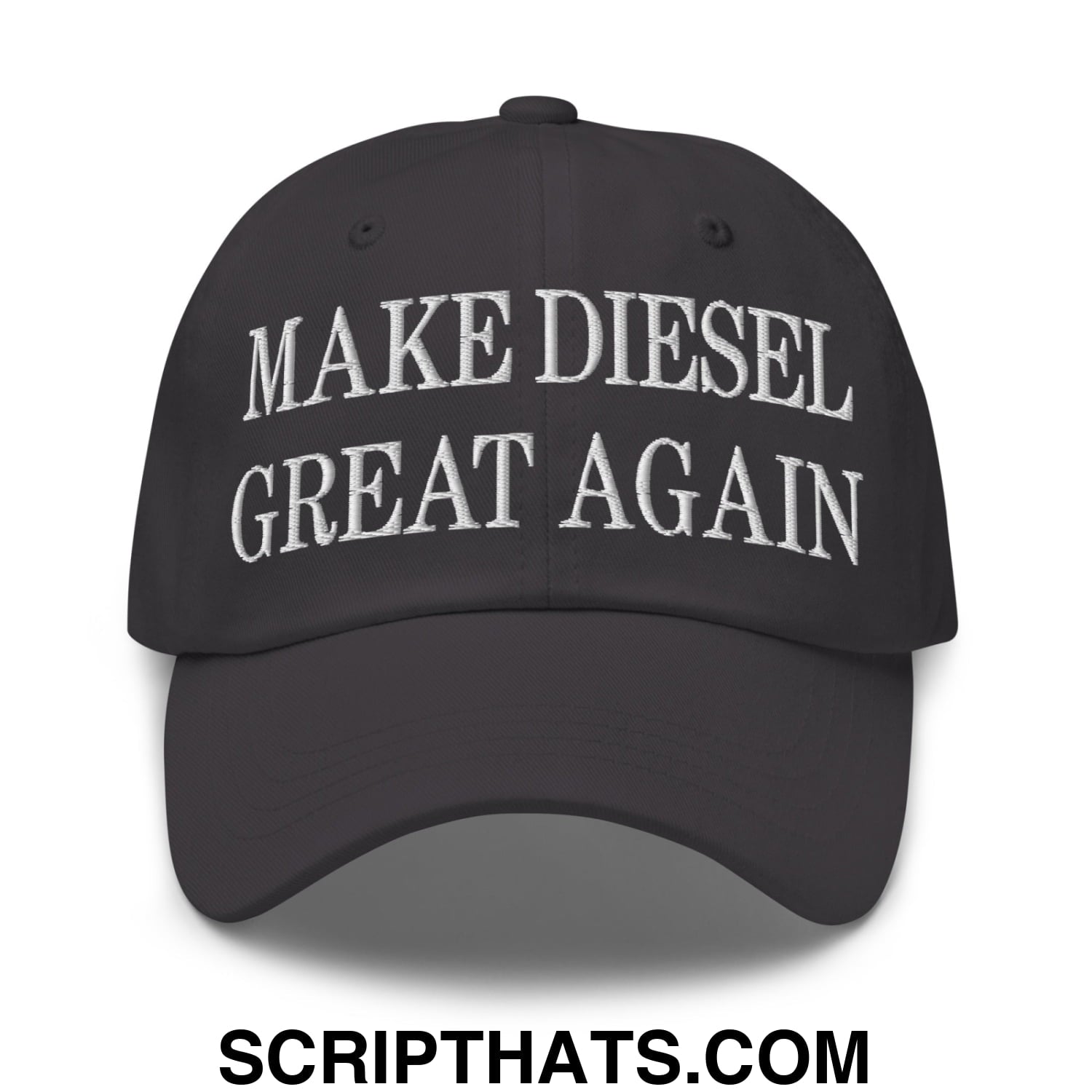 Black unstructured dad hat with white embroidered make diesel great again text in a casual style