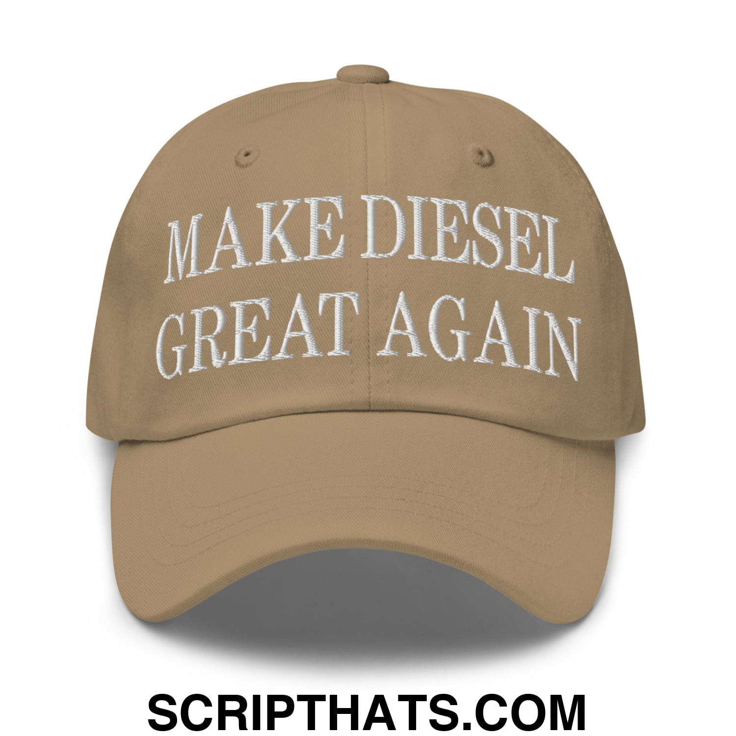 Tan embroidered unstructured dad hat with make diesel great again white text for casual wear