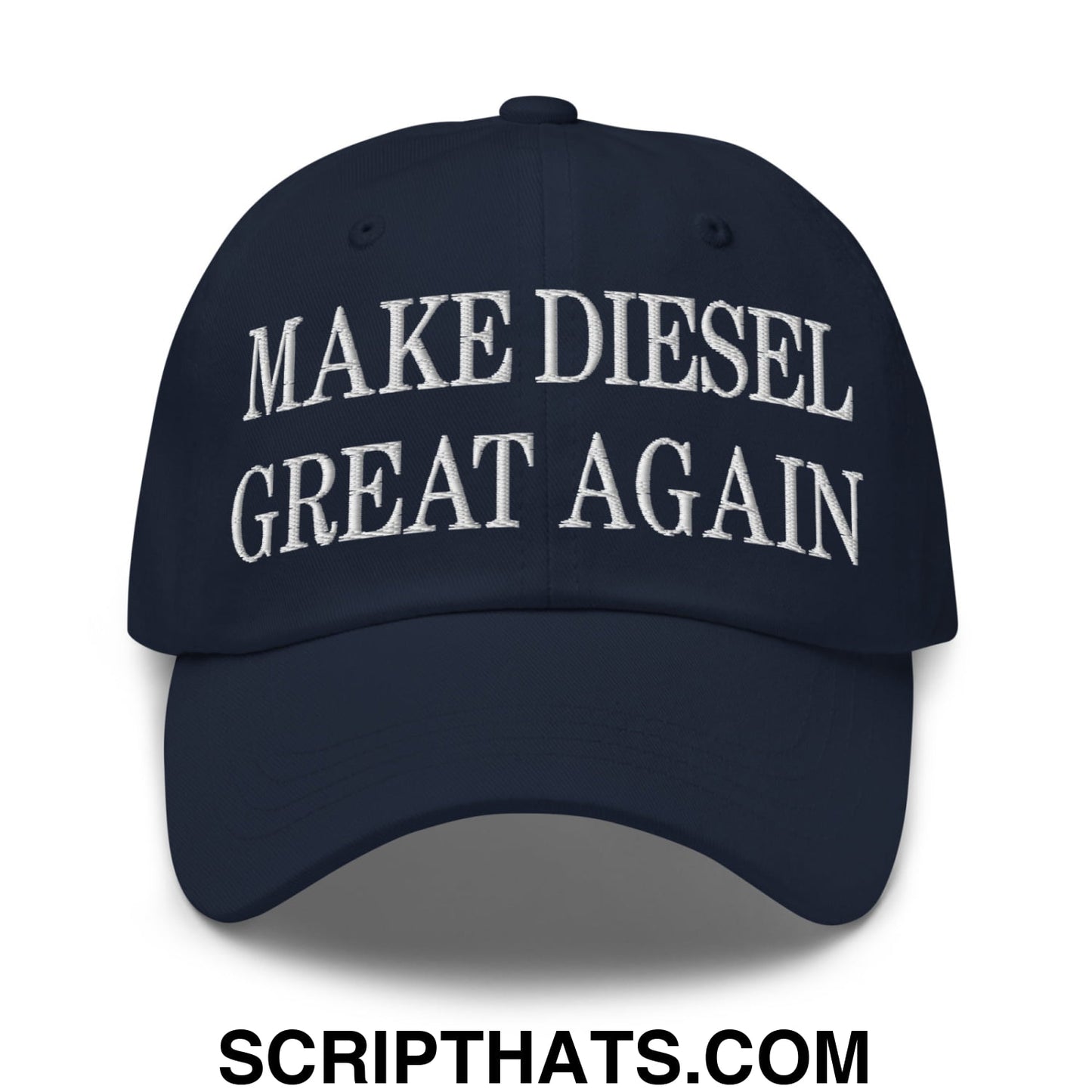 Navy blue unstructured dad hat with white embroidered text make diesel great again for casual wear