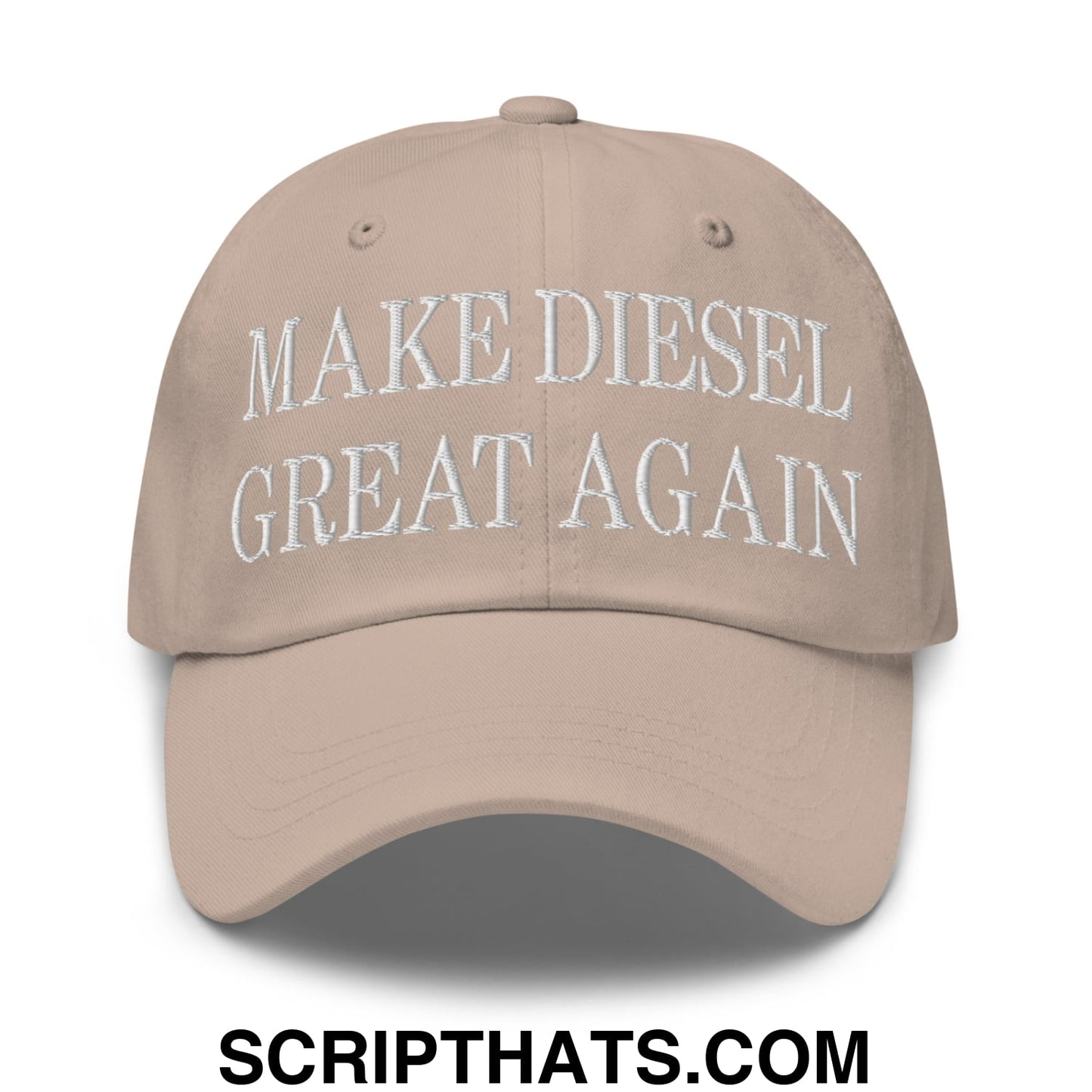 Beige unstructured dad hat with white embroidered text make diesel great again for casual wear