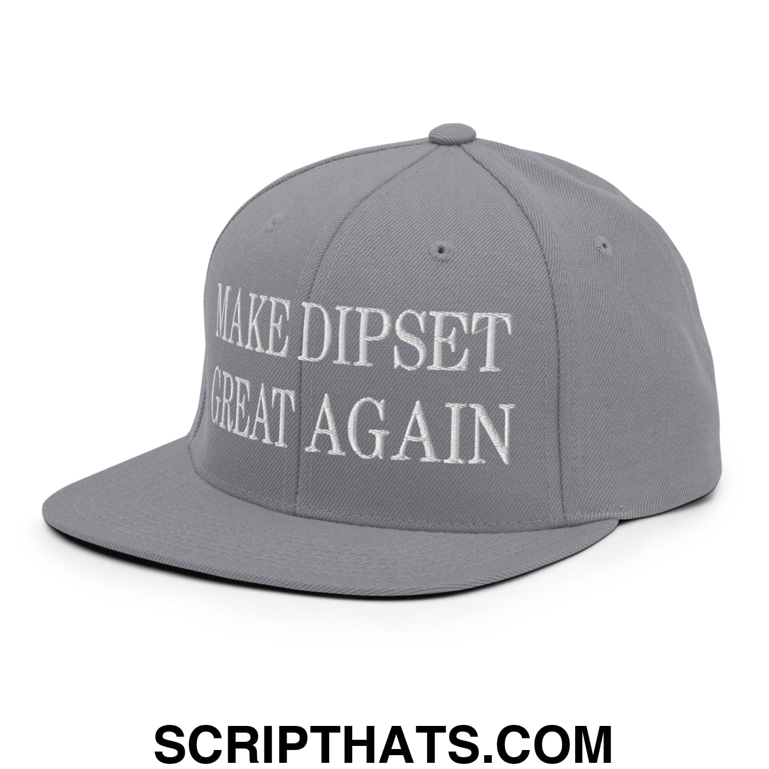 Gray snapback cap with white embroidered make dipset great again text and flat bill brim for casual wear