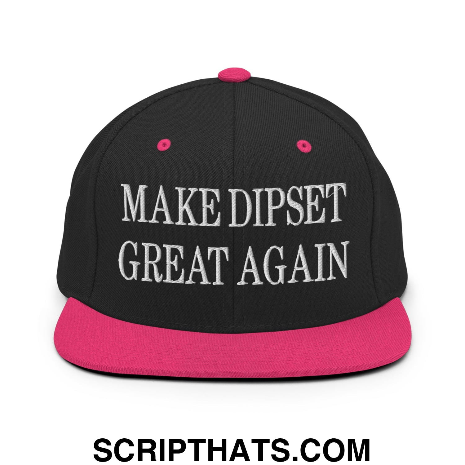 Black snapback cap with pink flat bill brim and button featuring white embroidered make dipset great again text