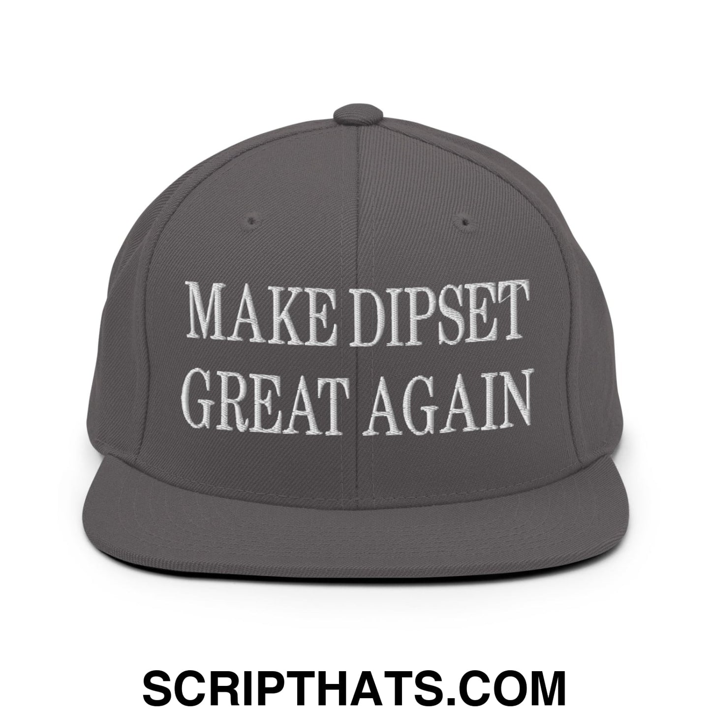 Gray snapback hat with white embroidered text make dipset great again and flat bill brim design