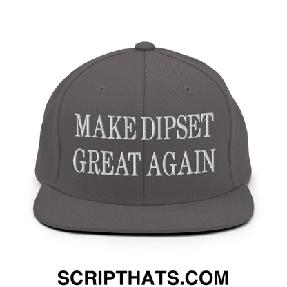 Gray snapback hat with white embroidered text make dipset great again and flat bill brim design