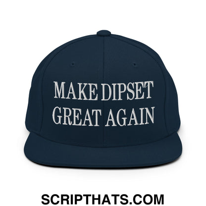 Navy blue snapback hat with flat bill brim and white embroidered text reading make dipset great again