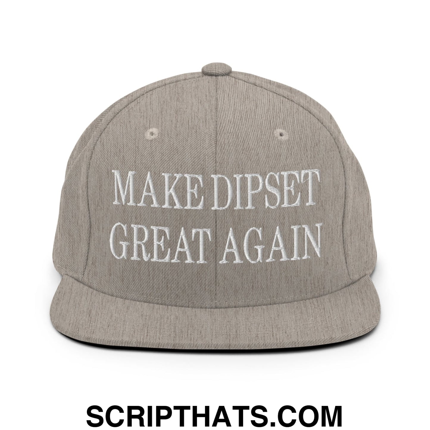 Gray flat bill snapback hat with white embroidered make dipset great again text for casual wear