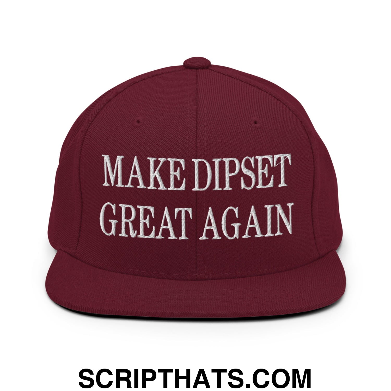Maroon flat bill snapback hat with white embroidered make dipset great again text and adjustable closure