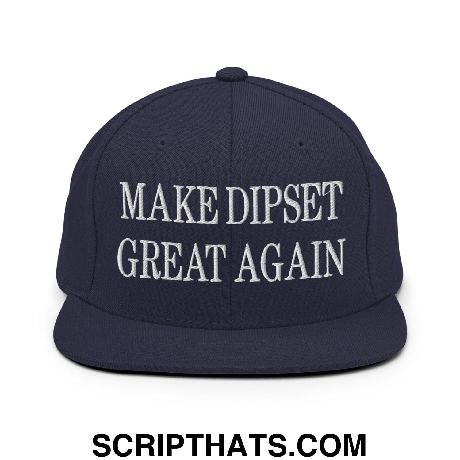Navy blue flat bill brim snapback hat with white embroidered make Dipset great again text