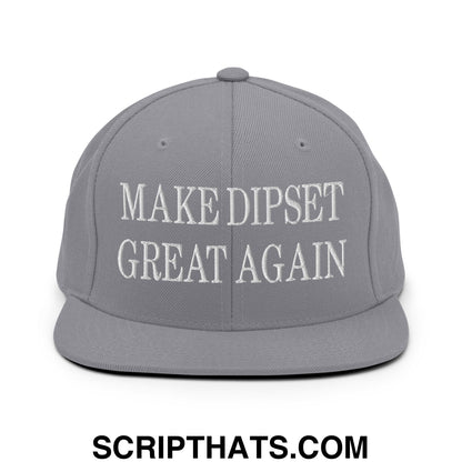 Gray snapback hat with white embroidered text make dipset great again and flat bill brim design