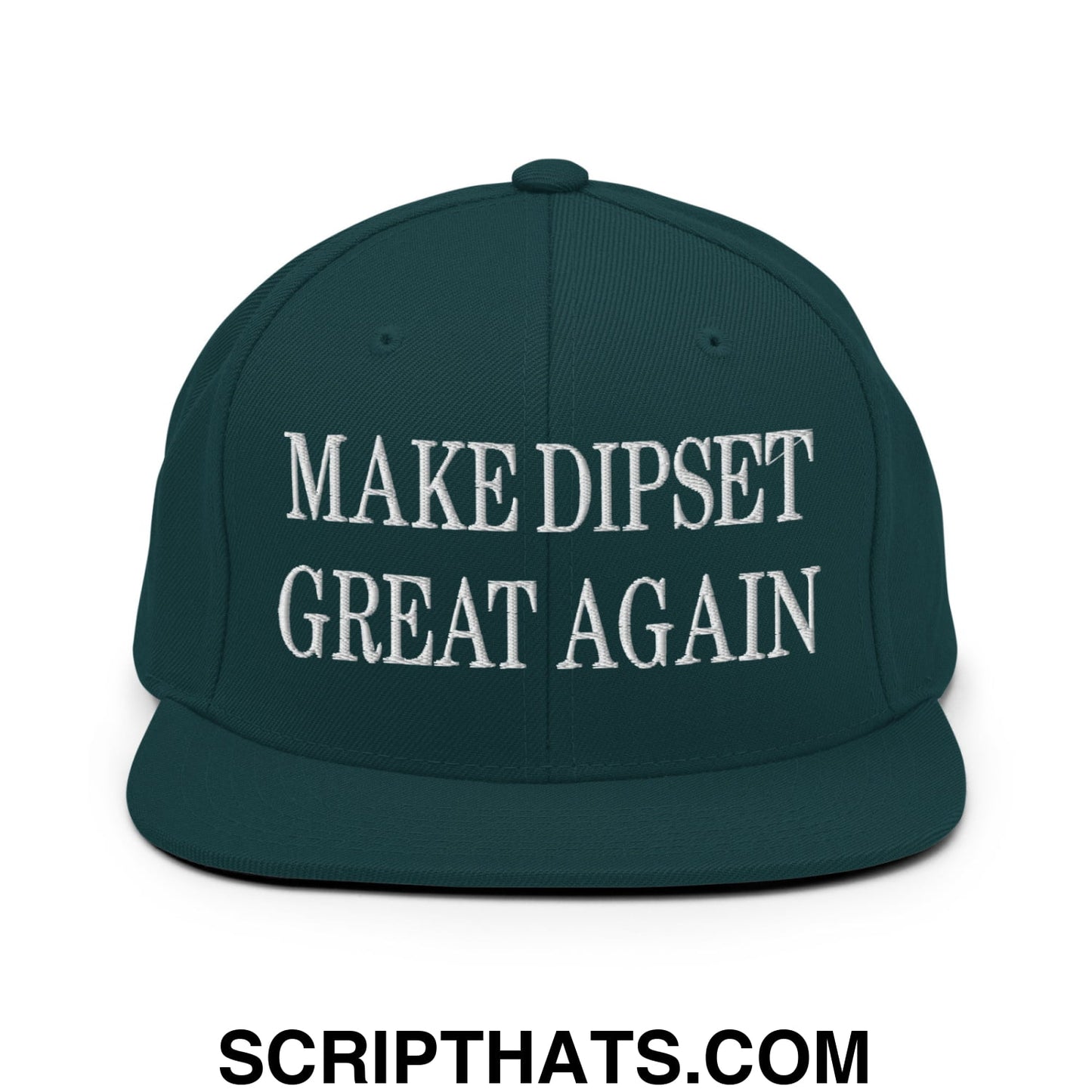 Dark green embroidered flat bill snapback hat with white make dipset great again text for casual wear