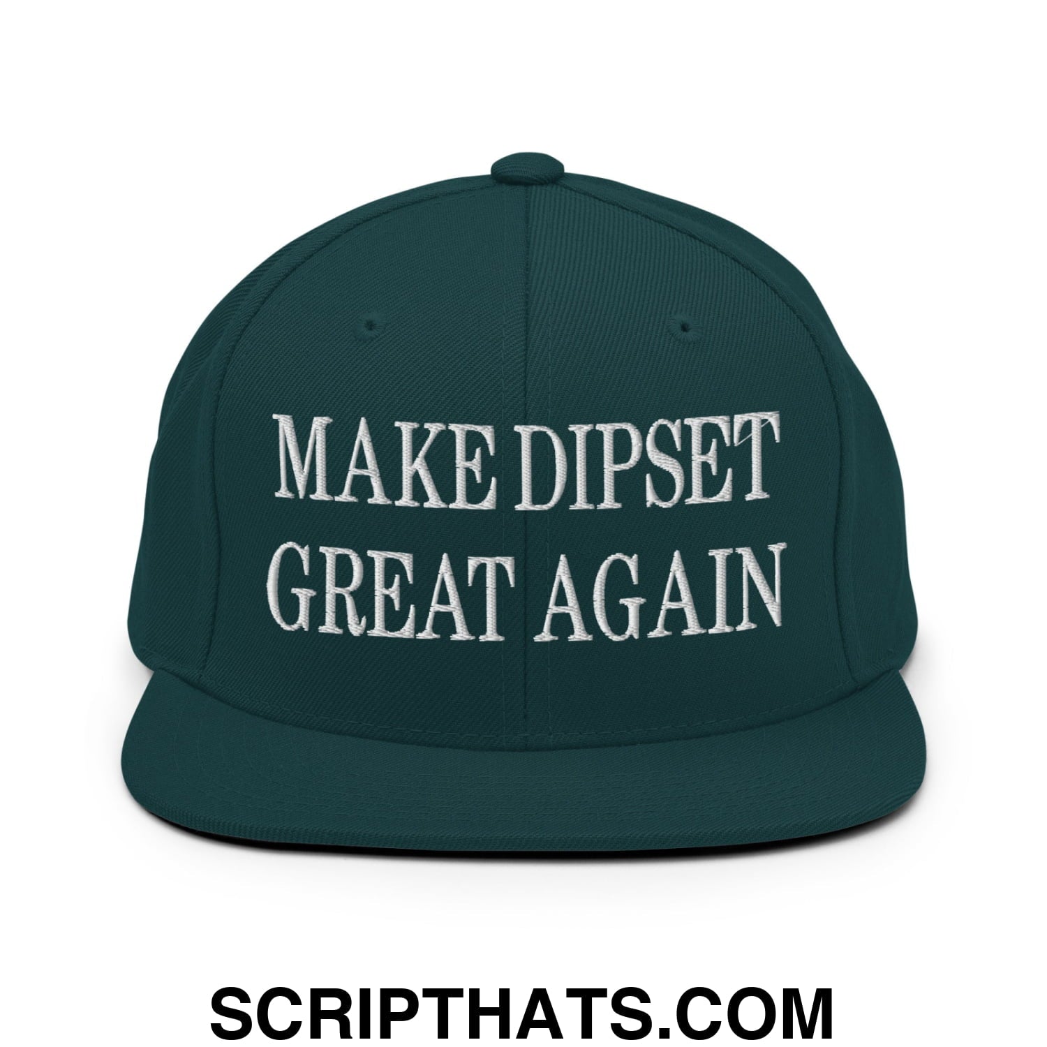 Dark green embroidered flat bill snapback hat with white make dipset great again text for casual wear