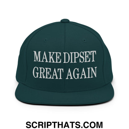 Dark green embroidered flat bill snapback hat with white make dipset great again text for casual wear