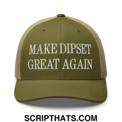 Olive green and tan mesh trucker hat with white embroidered make dipset great again text