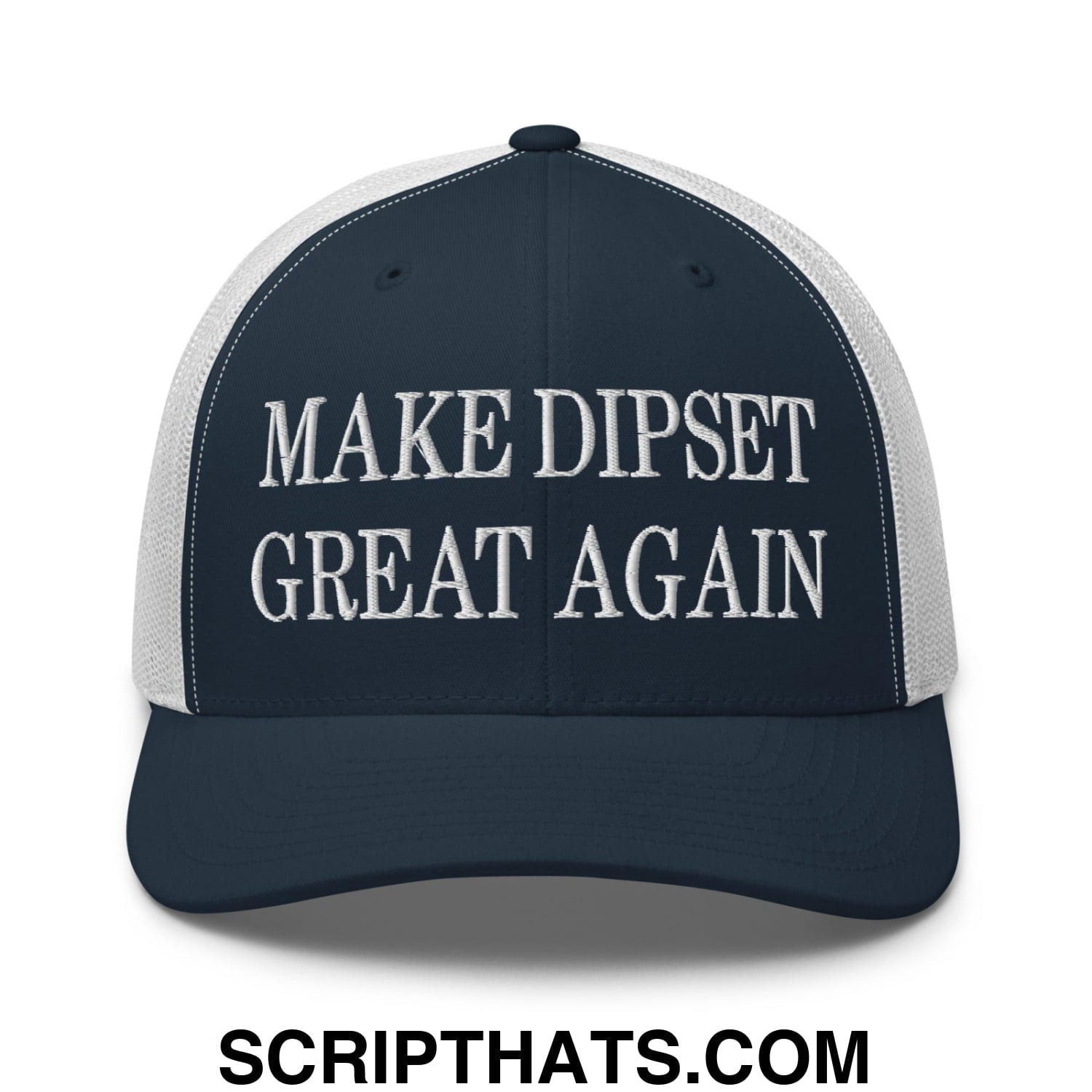 Navy blue and white mesh trucker hat with embroidered make dipset great again text on the front panel