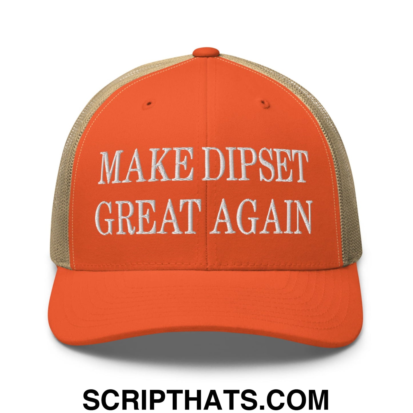 Orange and beige mesh trucker hat with white embroidered make dipset great again text on front panel