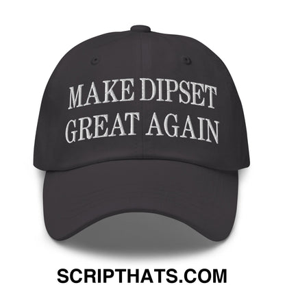 Black unstructured dad hat with white embroidered make dipset great again text for casual wear