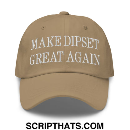 Tan unstructured dad hat with white embroidered text make dipset great again in a casual streetwear style