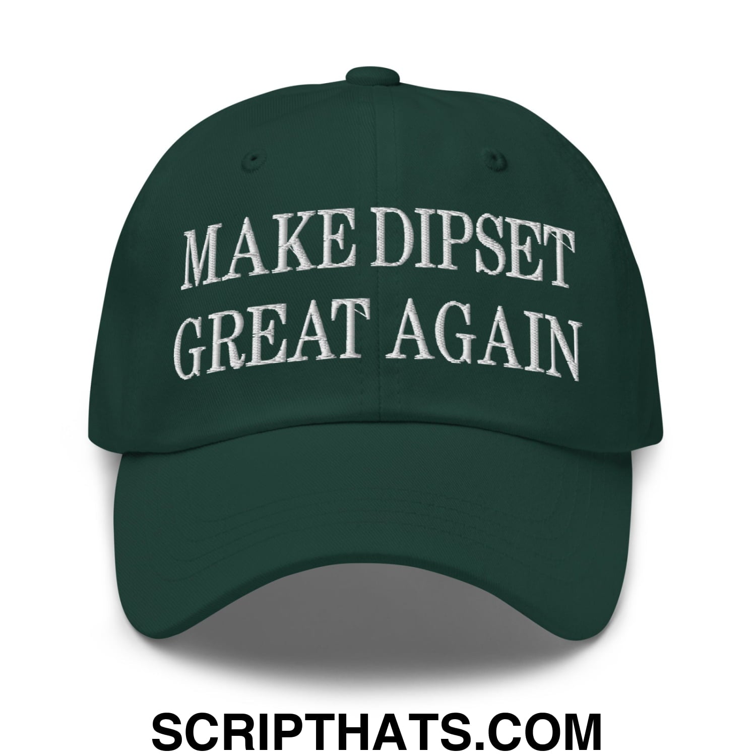 Dark green unstructured dad hat with white embroidered make dipset great again text for casual wear