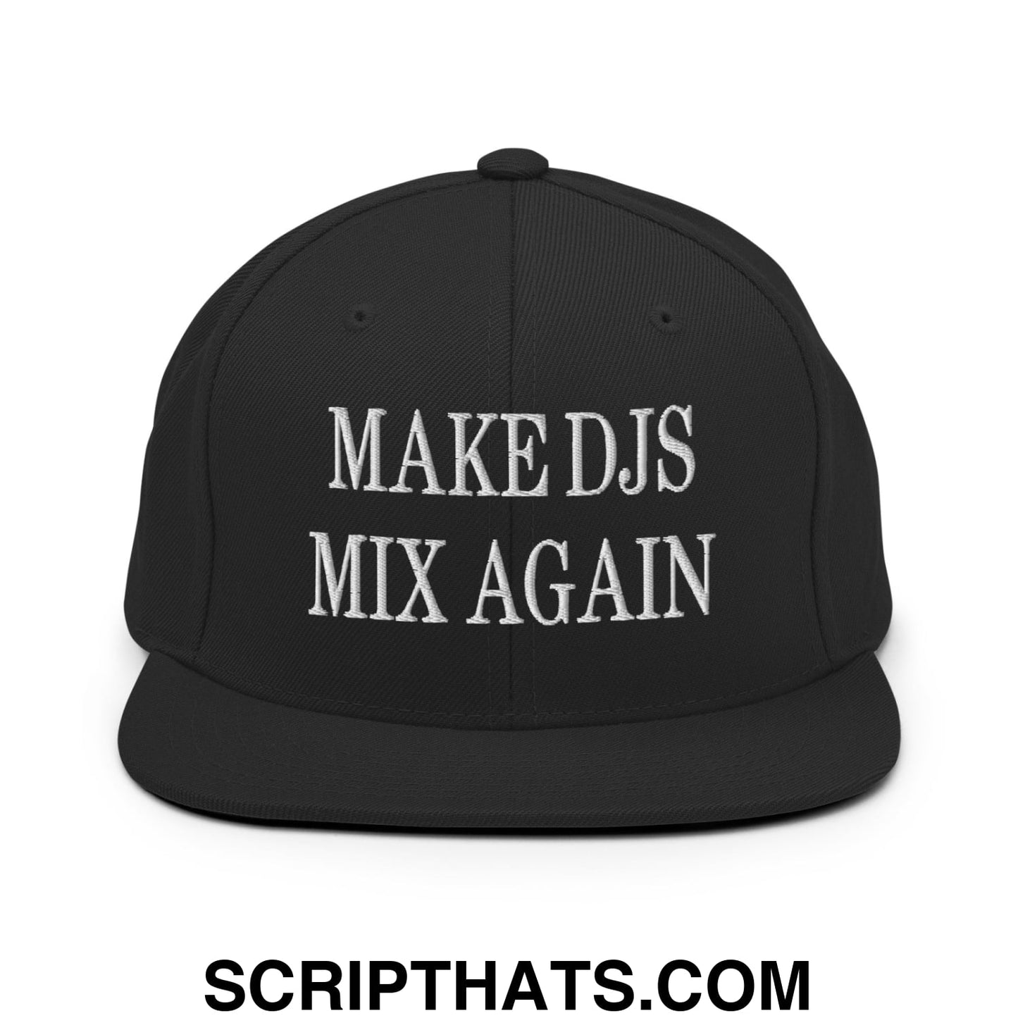 Black snapback hat with white embroidered make djs mix again text and flat bill brim for casual wear