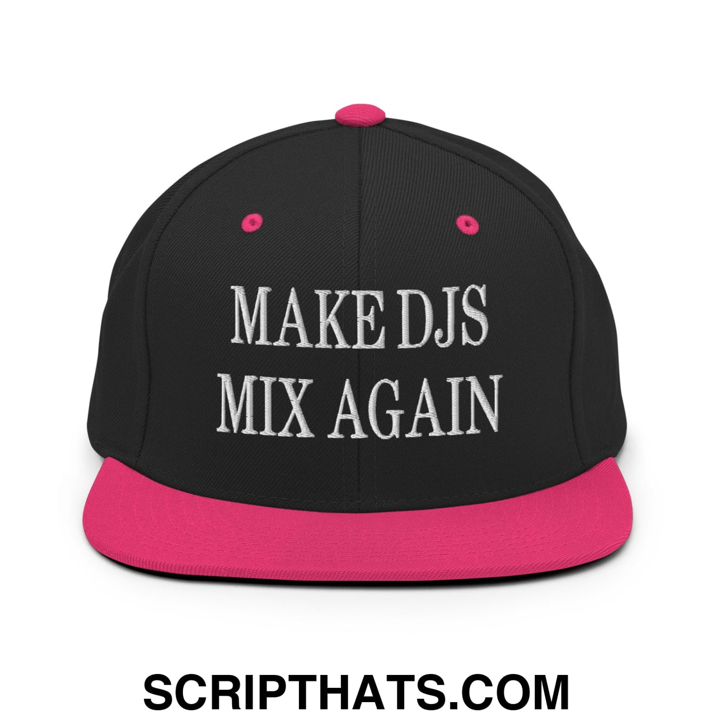 Black snapback hat with vibrant pink flat bill brim and button featuring white embroidered make djs mix again text