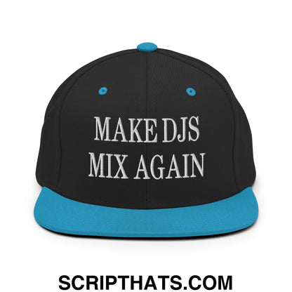 Black snapback cap with teal brim and button featuring white embroidered make djs mix again text on front
