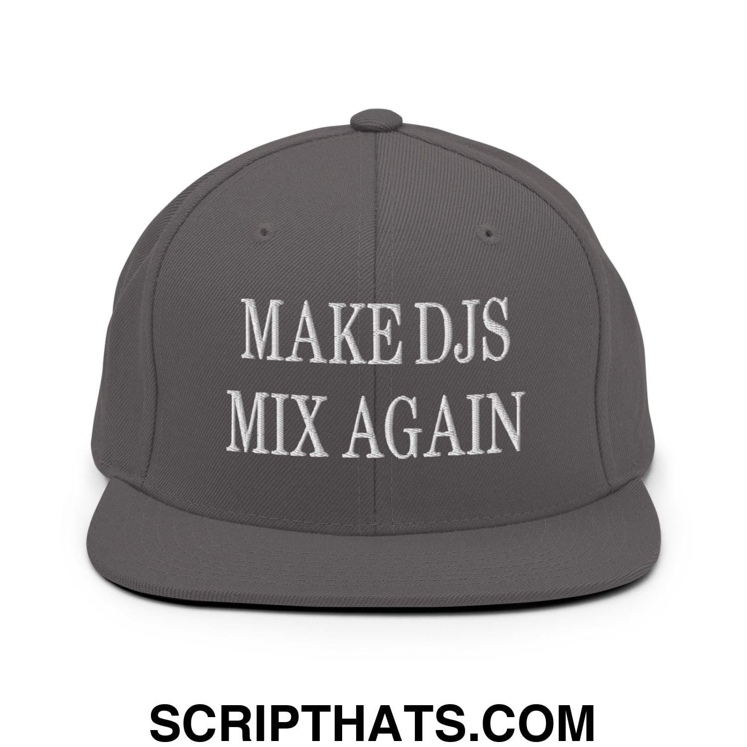 Dark gray snapback hat with white embroidered make djs mix again text and flat bill brim design
