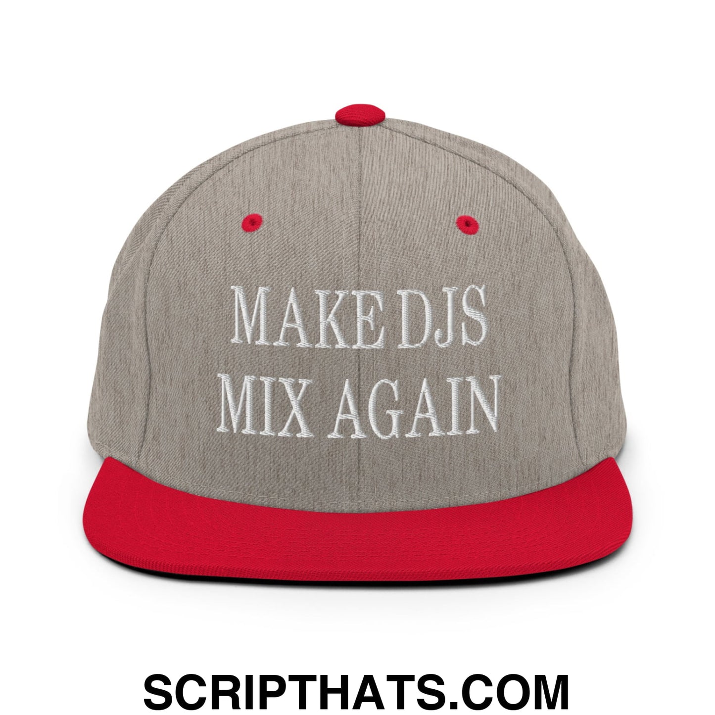 Gray and red snapback hat with white embroidered make djs mix again text and flat bill brim design