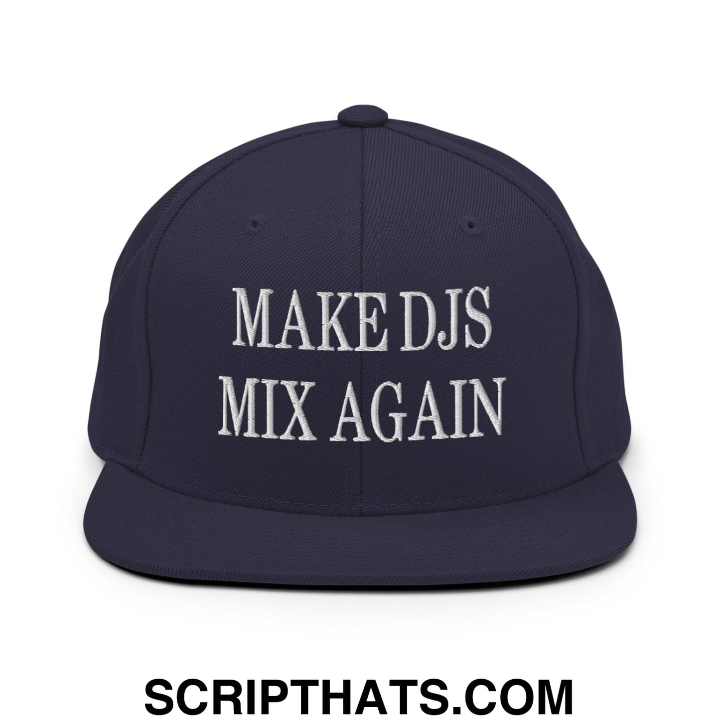Navy blue snapback hat with white embroidered make djs mix again text and flat bill brim design
